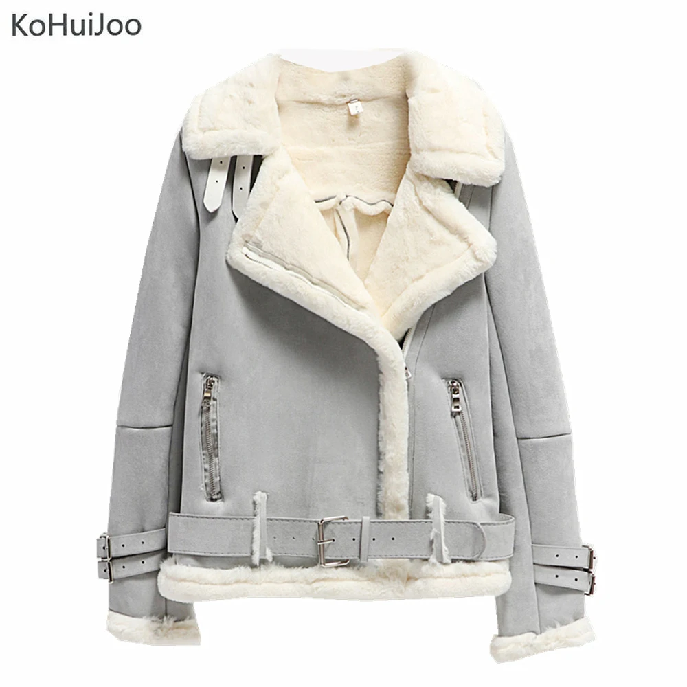 

KoHuiJoo Winter Suede Jacket Women Thick Warm Fashion Zipper Motorcycle Suede Leather Coat Female Shearling Overcoat