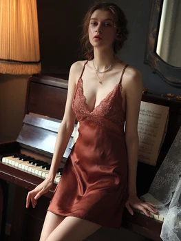 

New 2020 female summer thin Ice silk lace suspenders deep V hollow open back nightdress sleepwear M-XL 3 colors