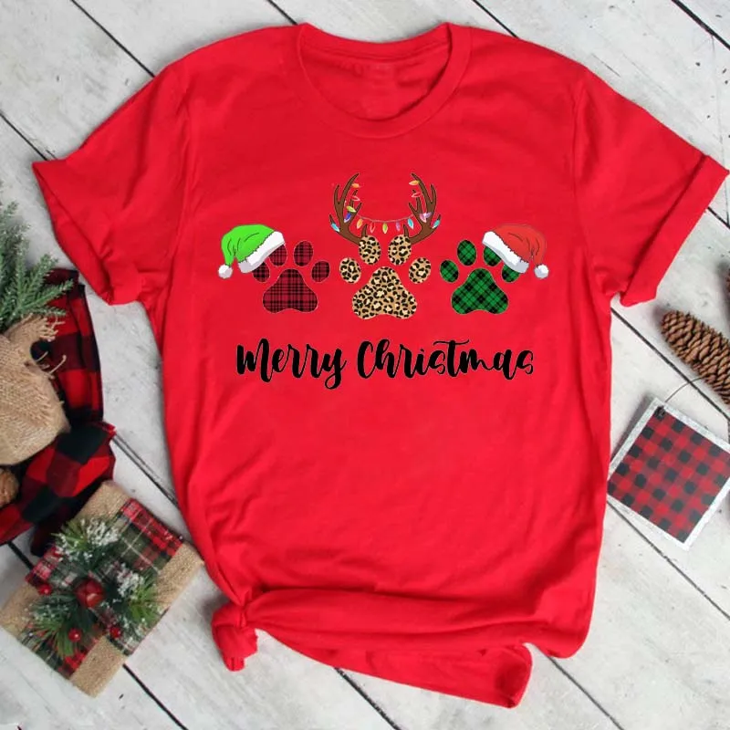 Camiseta Maycaur para mujer, divertida camiseta con estampado de patas de perro, camisetas de moda con dibujos animados de Feliz Navidad, camisetas de Año Nuevo y Feliz Navidad 483_voghion.com