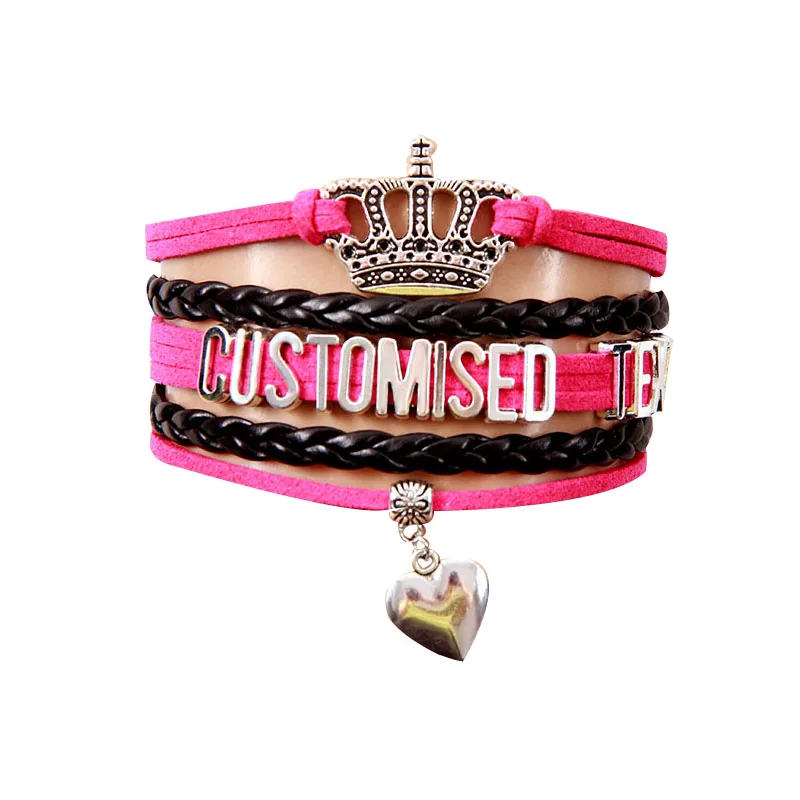 

NCRHGL Infinity love heart charm bracelet Customised Text leather braided bracelets for women men kids wristband jewelry gift