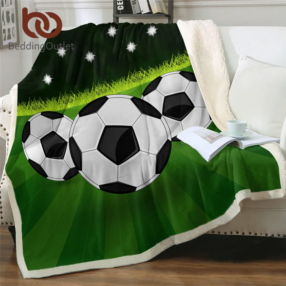 

BeddingOutlet Football Throw Blanket Sports Goal Plush Blanket Soccer Balls Sherpa Blanket Green Grassland Mantas De Cama
