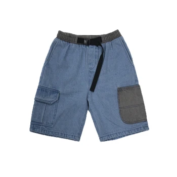 

EWQ / men's wear new casual summer fashion color block patchwork multi-pocket loose knee length pants male denim shorts 9Y2062