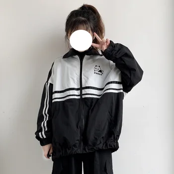 

Spring new Women's Sports Style Lapel Casual zipper Coat Young Girl Student Cute Panda Print Loose Cardigan Jacket College Style