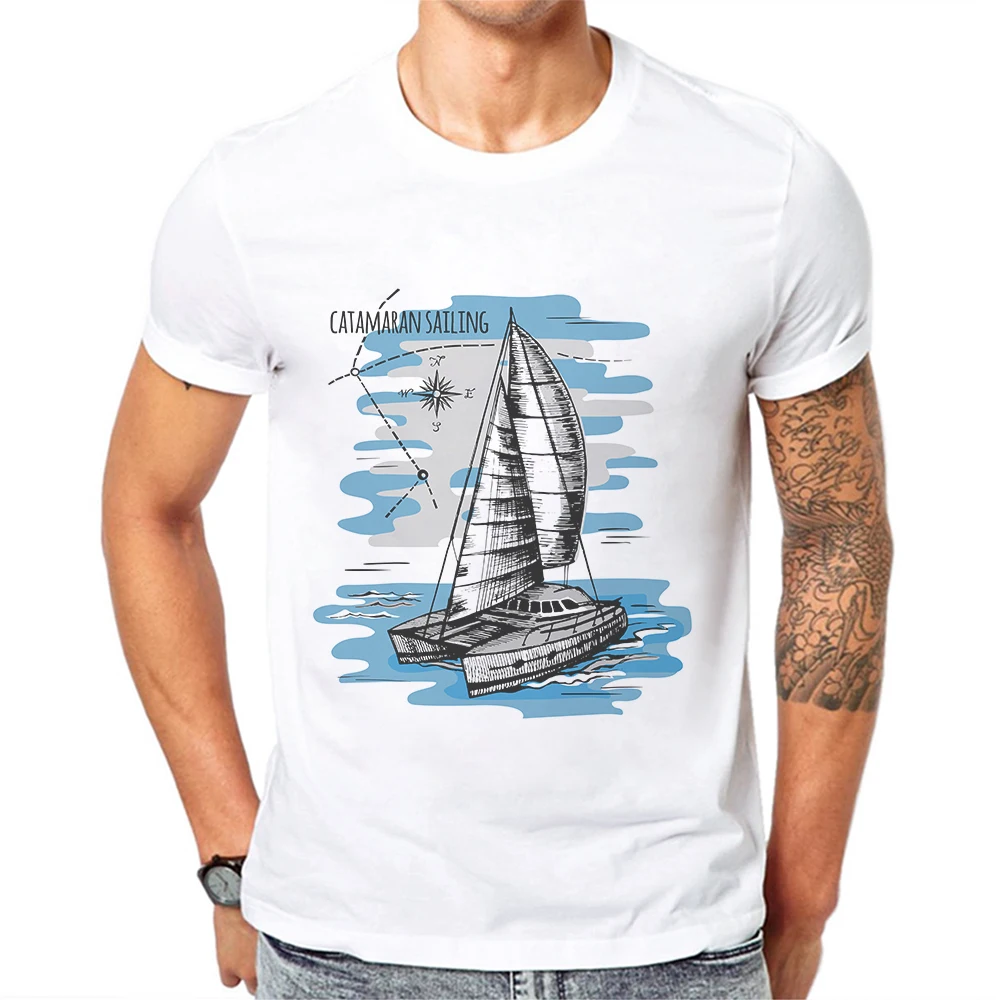 Men T Shirt 2019 New Summer Funny T-Shirts White Cotton Tops Mens Catamaran Printing Hipster Tees Camisetas Hombre Verano