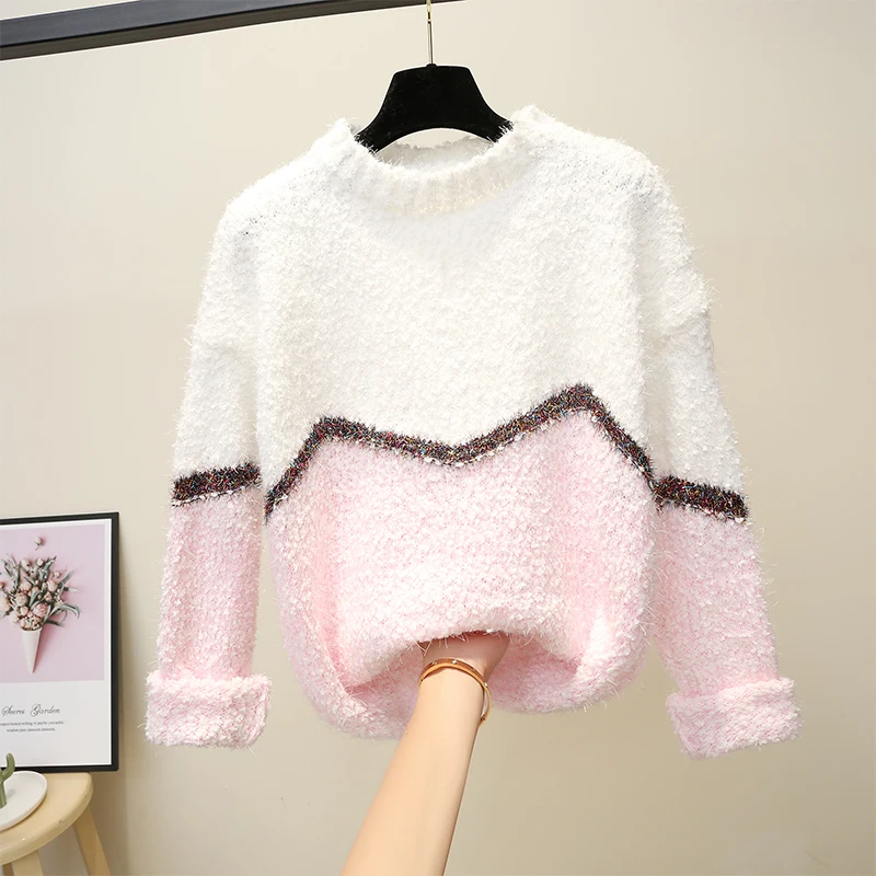 

2019 Autumn Winter Velvet Mohair Sweate Short Loose Korean Sweater Fashion Elegant Knitted Sweater Woman