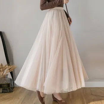 

New skirt women Spring Autumn new high waist mid-calf A-Line pleated skirts femme pink