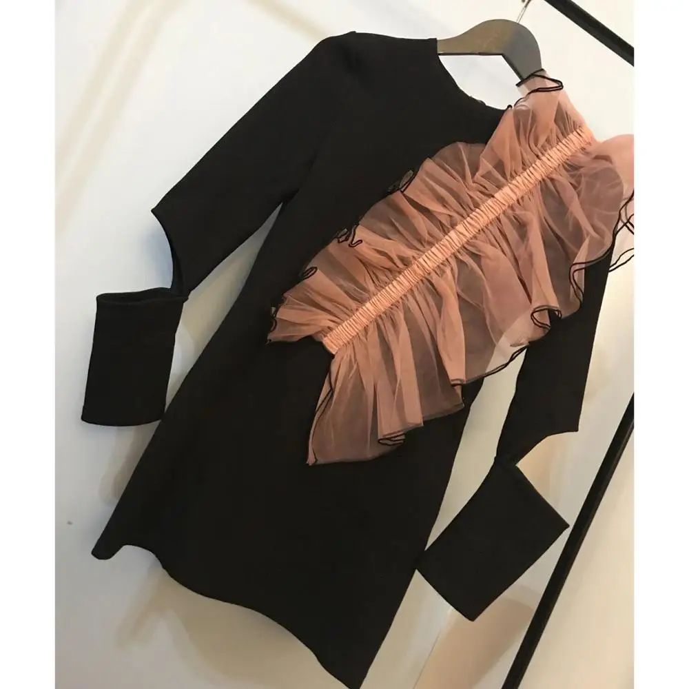 Ruffle Black Patch Designer European Runway Dress Vintage New Elegant Women Pink Vestidos Party Long Sleeve Dress Ruffle Black Patch Designer European Runway Dress Vintage New Elegant Women Pink Vestidos Party Long Sleeve Dress