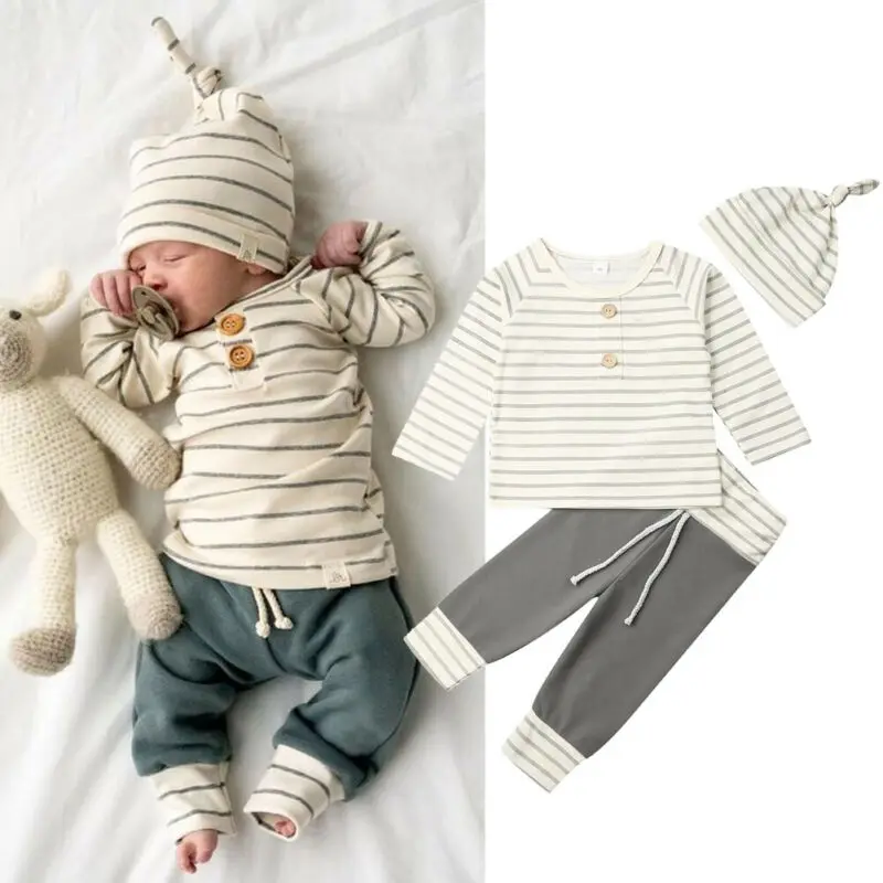 

New 3PCS Autumn Infant Baby Boys Girl Clothes Stripe Long Sleeve Tops T-Shirt+Leggings Pants+Hats Newborn Baby Clothes Set