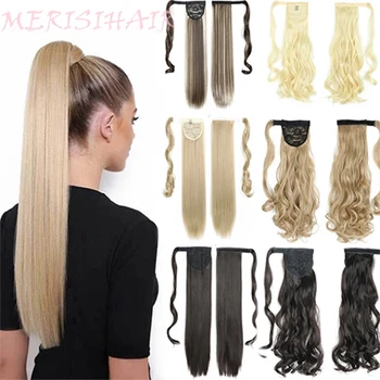 MERISIHAIR Long Straight Wrap Around Clip In Ponytail Hair Extension Heat Resistant Synthetic Pony Tail Fake Hair tanie i dobre opinie CN(Origin) High Temperature Fiber 100g piece 1 Piece Only Pure Color
