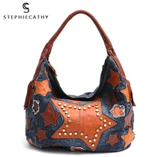 SC винтажная женская большая джинсовая сумка на плечо, кожаная Лоскутная сумка Хобо, фирменный дизайн, женская сумка с заклепками и кисточками, Женская Повседневная Сумка-тоут
