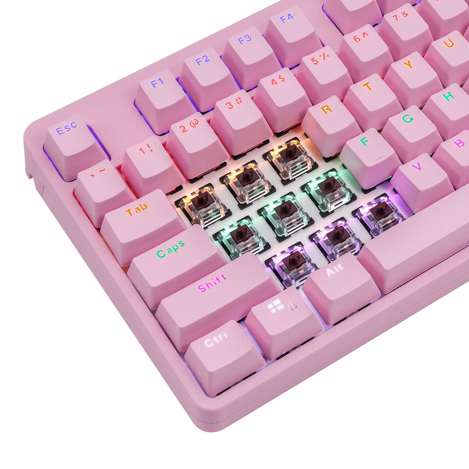 HUO JI BT-855 Mechanical Gaming Keyboard LED Backlit USB Wired with Outemu Switches Multi-Media Keys 108 Keys No Conflict Pink