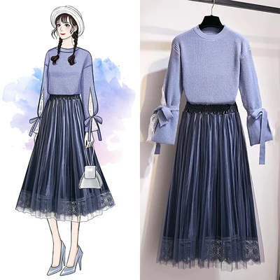 

Women Autumn Winter Sets Knitted Long SLeeve Fashion Sweet Sweaters Tops+Velvet Patchwork Lace Ruched Elastic High Waist Skirts