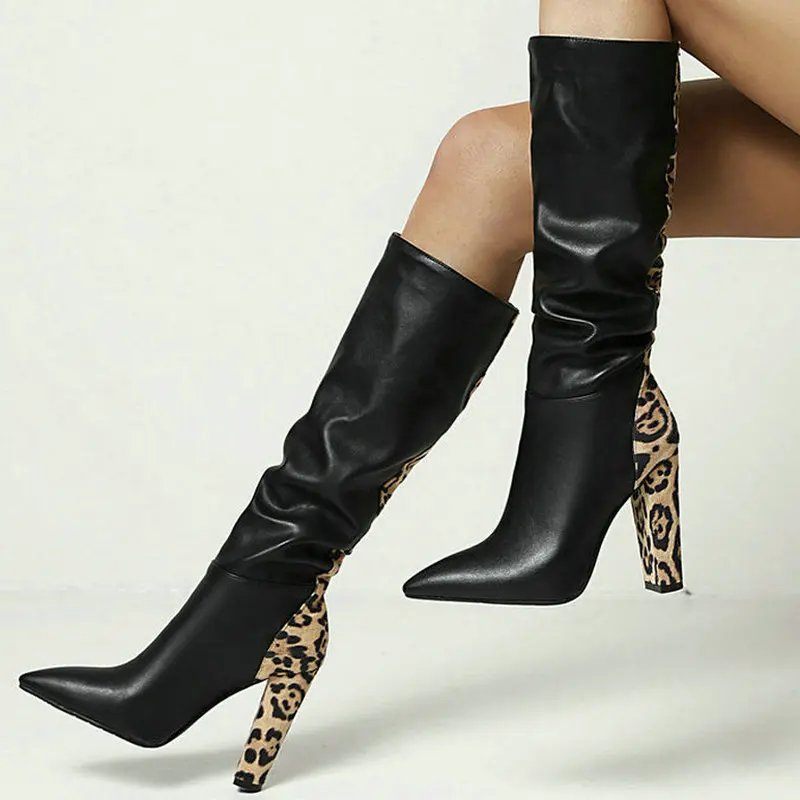 

Pointed Knee Length High Boots Fashion Color Matching Folds Ladies Western Boots Leopard Print Women Winter High Heel Boots New
