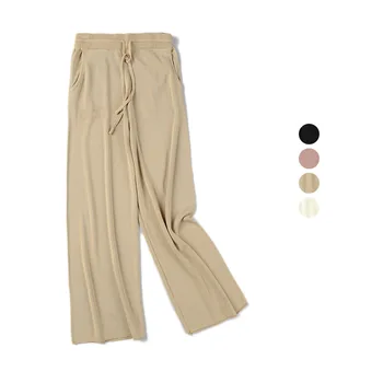 

New Fashion Women knitted Wide Leg Pants Spring Summer Drawstring Elastic High Waist Trousers Female Casual Loose Pants Thin