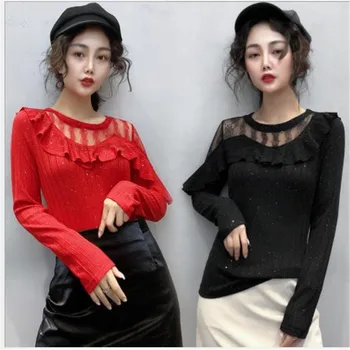 

Patchwork Mesh Women T-Shirts Spring Plus Size Short Lace Female Tops Long Sleeve O-Neck Slim Shirt Femme 2020 New Arrival M457