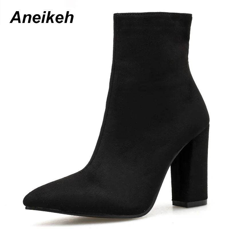 

Aneikeh NEW 2020 Fashion Flock Women Chelsea Boots Zipper Square Heel Heels Shoes Party Dance Ankle Boot Pointed Toe Size 35-40