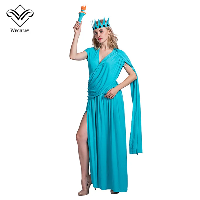 

Wechery Statue Of Liberty Cosplay Sets Halloween Costumes For Women Holiday Party Cosplay Female Solid Dresses Torch Crown