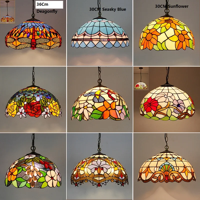

Vintage Tiffany Pendant Lights Mediterranean Stained Glass Dragonfly Sunflower Pendant Lamp Lighting Fixtures Home Loft Decor