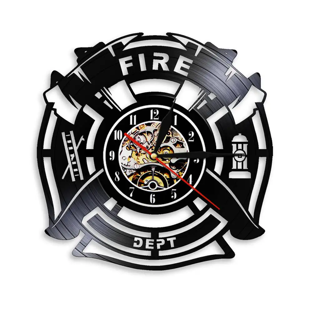 

Fire Department Decorative Vinyl Record Wall Clock Fire Truck Firefighter Rescue Quartz LP Wall Watch Maltese Cross Fireman