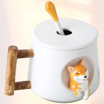 

Dog Cup Ceramics Mug Funny Cute Durable Cup Storage Cup with Cover Spoon for Home Office (White)