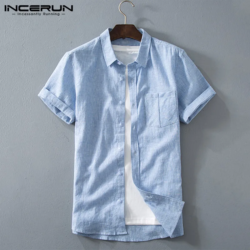Striped Shirt Short-Sleeve Incerun-7 Casual Summer Men Cotton Street-Harajuku Brand Tops