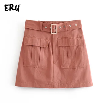 

ERU double pockets high waist A line skirts women winter 2019 pink casual belt ladies ol mini shorts female
