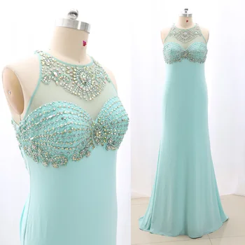 

MACloth Turquoise Sheath O Neck Floor-Length Long Crystal Jersey Prom Dresses Dress XL 267869 Clearance