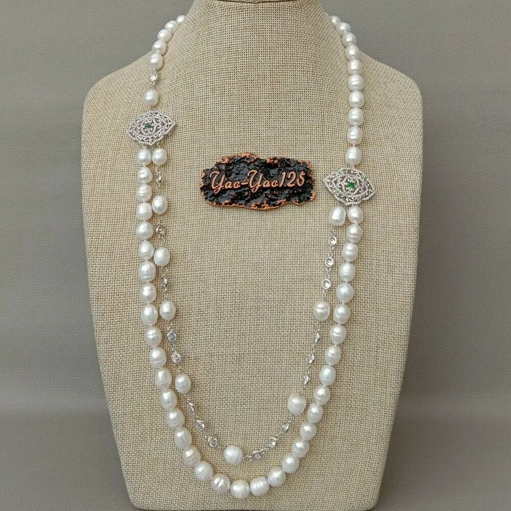 

28" 2 rows Freshwater White Rice Pearl Cz pave Chain Necklace