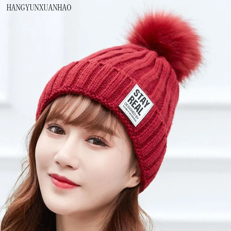 

HANGYUNXUANHAO 2019 New Women Winter Wool Hat Faux Rabbit Fur Ball Beanie Knit Warm Hat Cap 8 colors