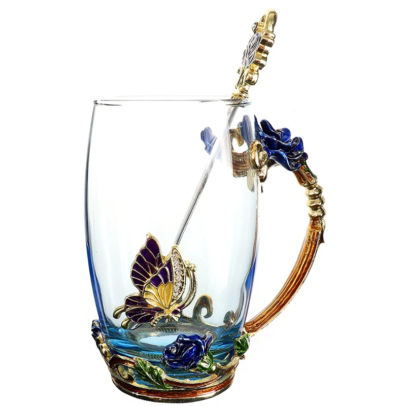 

ABUI-Beauty And Novelty Enamel Coffee Cup Mug Flower Tea Glass Cups For Hot And Cold Drinks Tea Cup Spoon Set Perfect