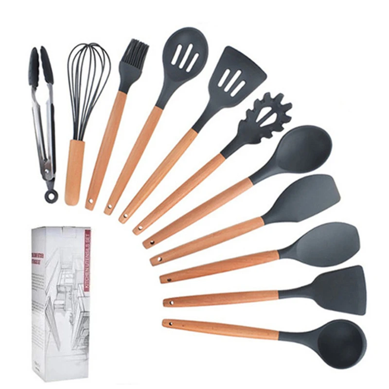 11 Pcs Kitchen Set 8-12 шт., кухонный комплект Силиконовые Пособия по кулинарии посуда с антипригарным покрытием шпатель с деревянной ручкой с деревянный ящик для хранения Пособия по кулинарии инструменты Кухонные принадлежности - Цвет: 11 Pcs Kitchen Set