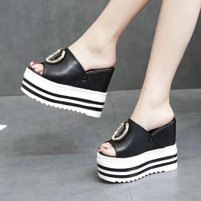 

2019 Summer Super High Heels Platform Slippers Women Wedges Slipper Open Toe Slides Woman Shoes Striped Heels sapatos Lhcgy 7413