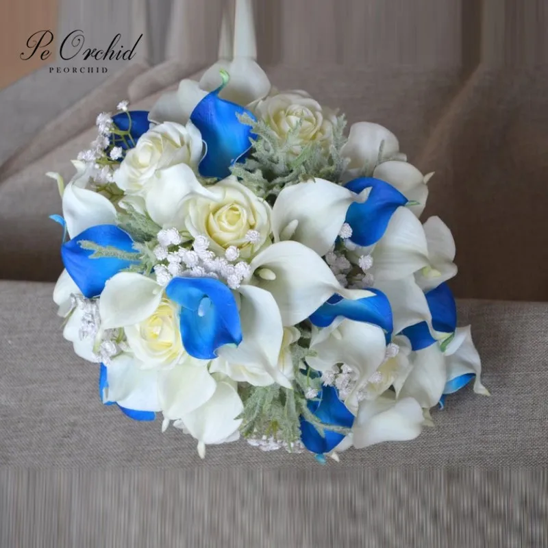 中古値段 Peorchid 滝の結婚式の花のブライダルブーケ ロイヤルブルー アイボリー リアルタッチ 人工ユリ ラモパラノビア ショップ 大阪 Dbernardo Com Br
