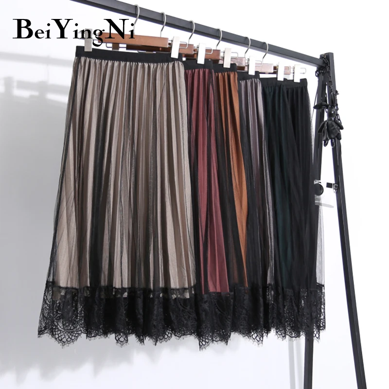 

Beiyingni Spring Autumn Skirt Women Mesh Lace Pleated Casual Midi Skirts Vintage Korean Fashion Office Ladies Skirt Faldas Retro