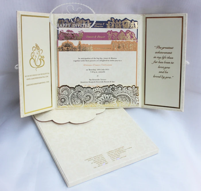 HI1091 - 13 Personalized Hard Cover Gate Fold Wedding Card with Gold Foil