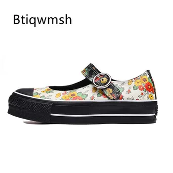 

2019 Hot Sale Retro Flower Mary Janes Shoes Woman Round Toe Mixed Color Thick Bottom Flat Shoes Woman Fashion Loafer Shoes