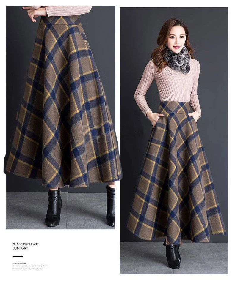 FairyShely 2020 High Waist Plaid Pleated Skirt Women Vintage Pocket Woolen Plus Size Maxi Skirt female Korean Tweed Long Skirt mini skirt