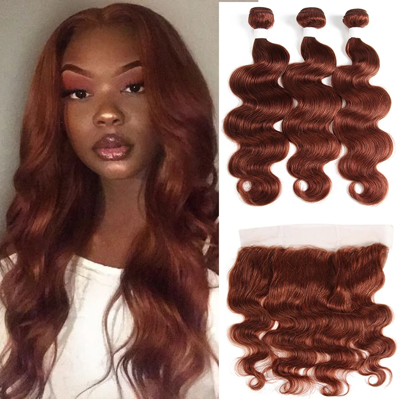 Brazilian Human Hair Bundles With Frontal 13*4 Auburn Brown Body Wave Remy 100% Human Hair Weaves Bundle With Closure
