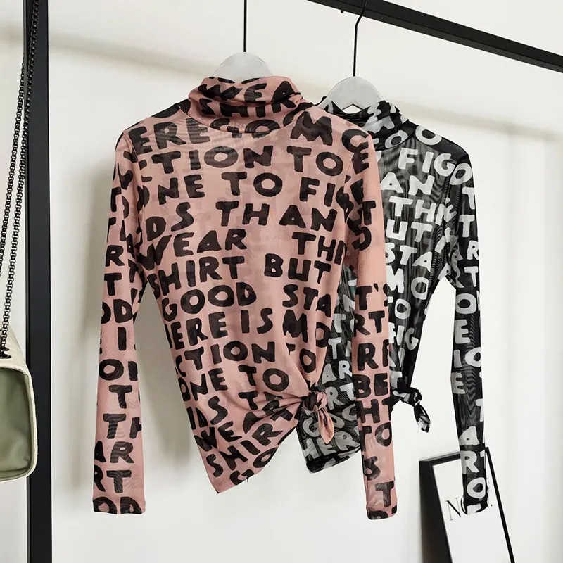 Camiseta Mujer High-collar Shirt Women Fashion Mesh Blouse Spring Autumn Letter Long Sleeve Blusas Femininas Tops | Женская одежда