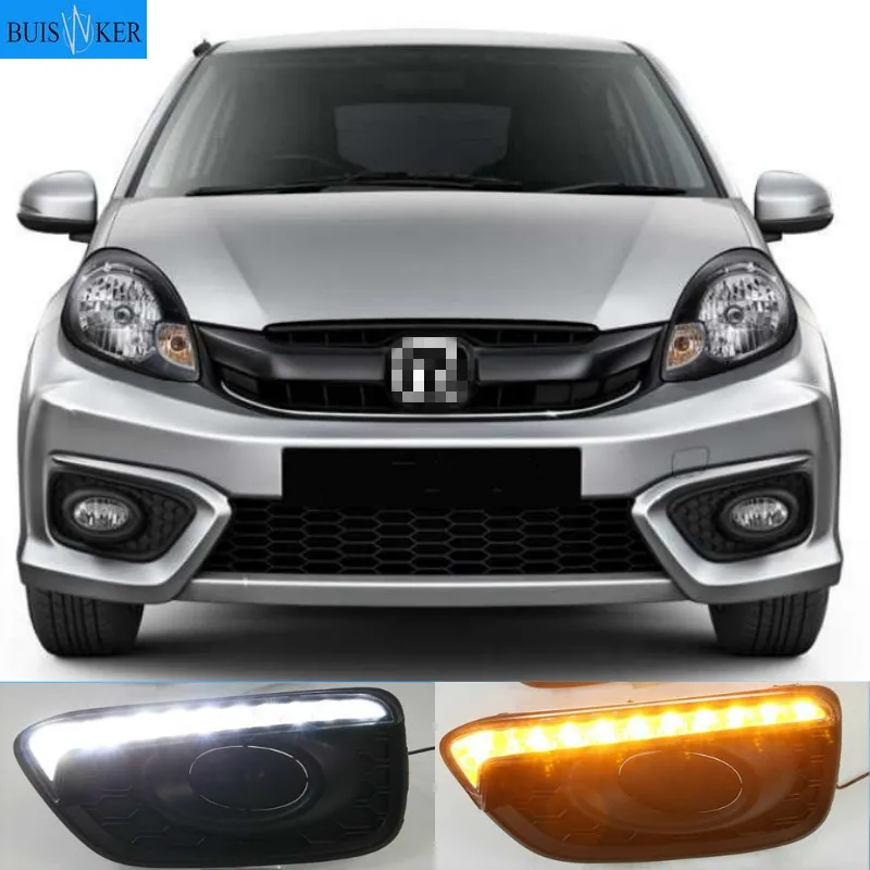 

1Pair DRL Car 12V LED Daytime Running Light Fog Lamp cover daylight For Honda Brio 2016 2017 ABS with Yellow turn signal