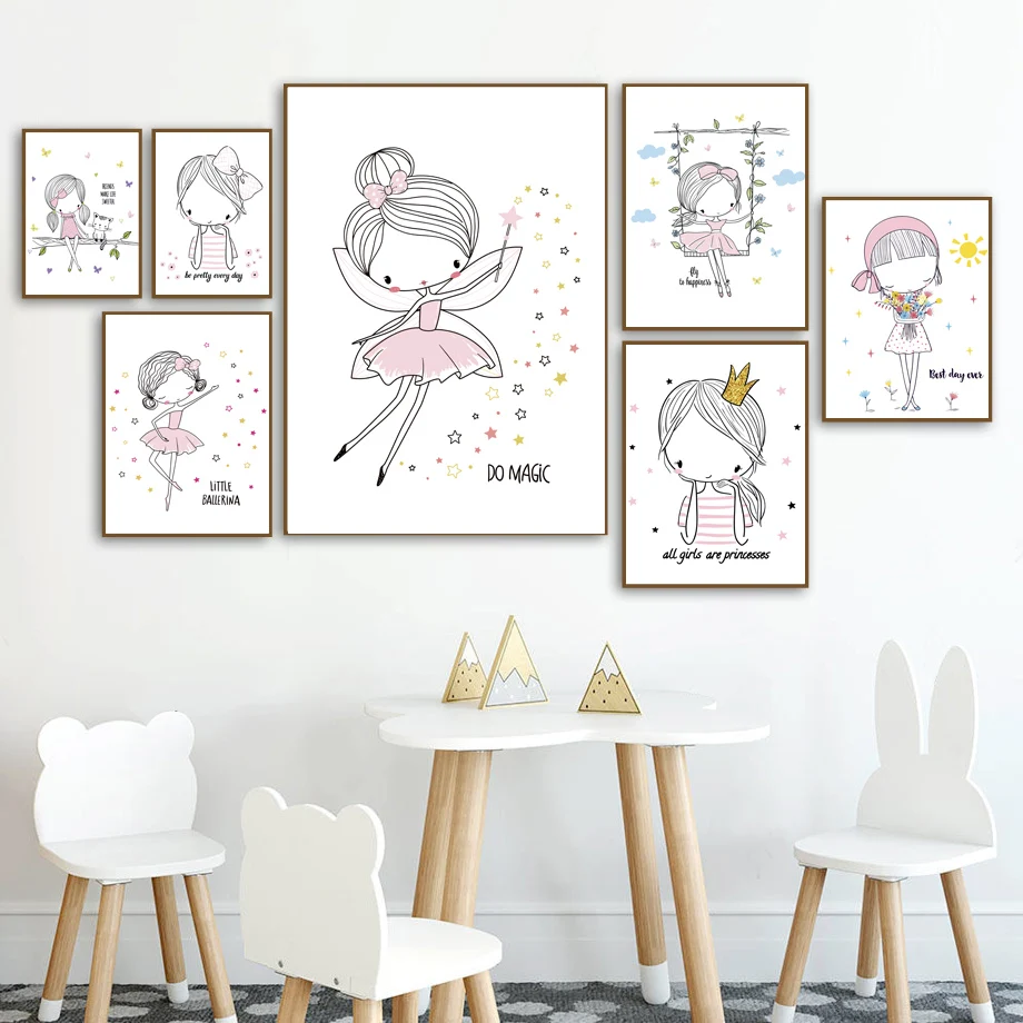 Cartoon-Pink-Princess-Girl-Nordic-Posters-And-Prints-Wall-Art-Canvas-Painting-Wall-Pictures-Kids-Baby (2)