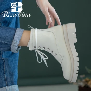 

RIZABINA Women Ankle Boots Pu Leather Cross Strap Fashion Platform Winter Shoes Woman Warm Thick Heel Short Boot Size 34-42