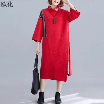 

Women Autumn Winter Dress Plus Size Vintage Turtleneck Striped Pockets Dress Big Size Thicken Cotton Female Loose Lady Vestidos