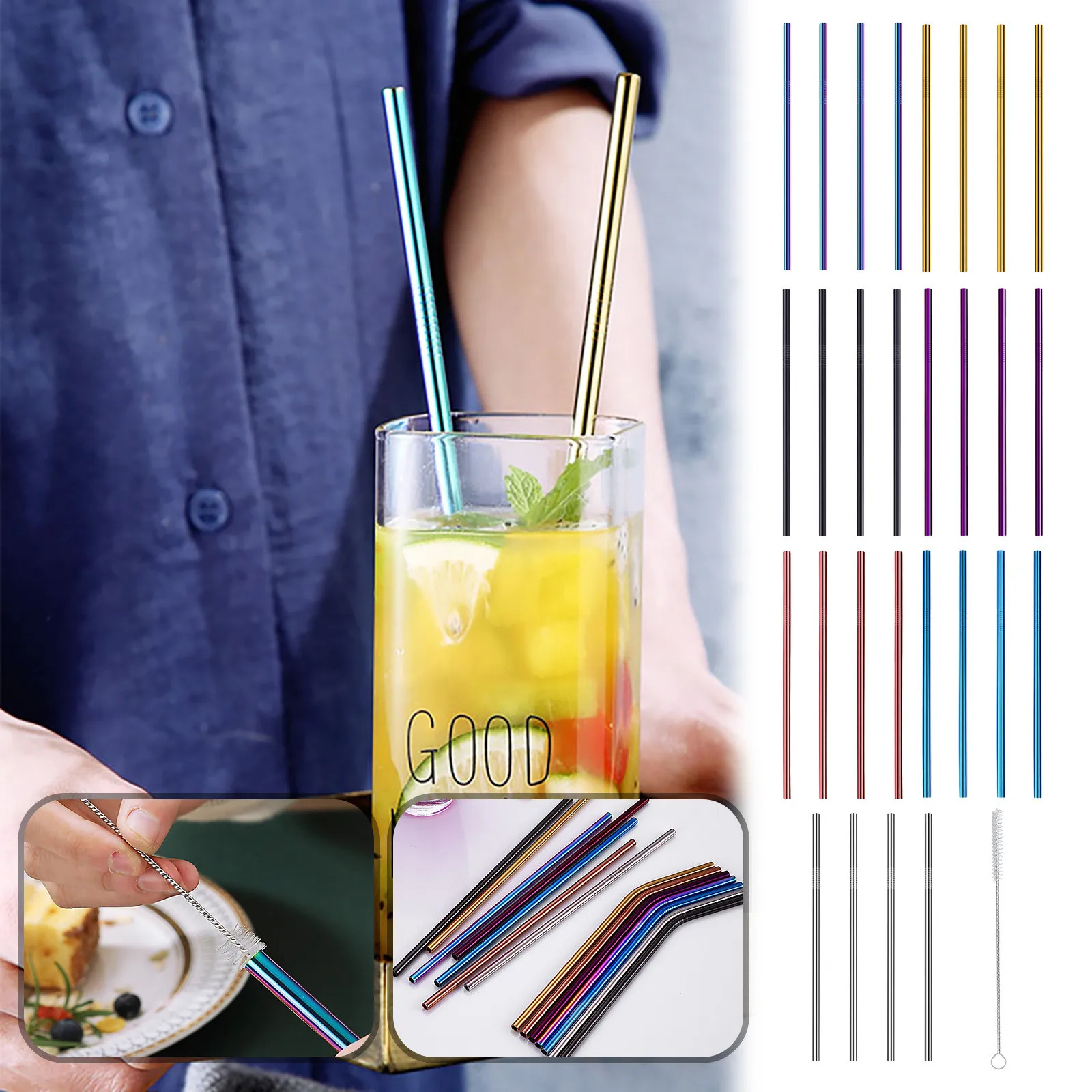 Stainless Steel Metal Straws & Cleaning Brush Reusable Drinking Cocktail Juice 