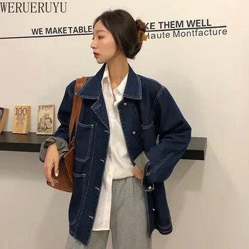 

WERUERUYU Women's Dark Blue Washed Denim Jacket New Retro Long-sleeved Jacket Fashion All-match Stand-up Collar Denim Jacket