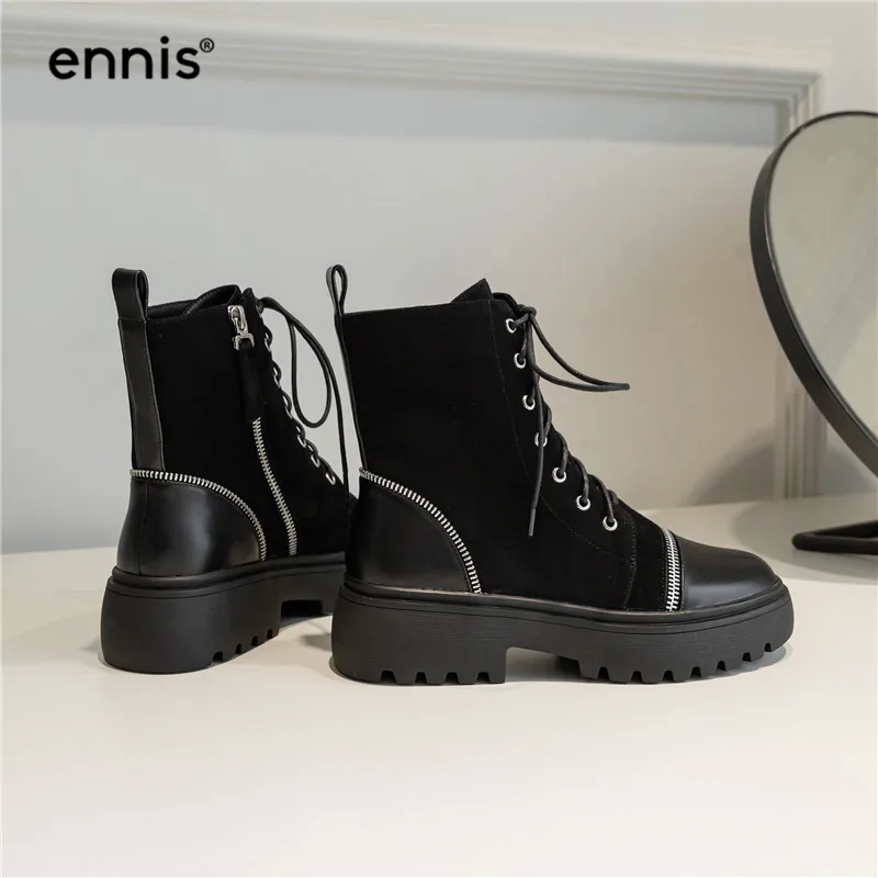 ENNIS/черные ботильоны martin; женские ботинки из натуральной кожи на платформе; зимние ботинки на плоской подошве со шнуровкой; обувь на молнии; модная Осенняя обувь; A9350