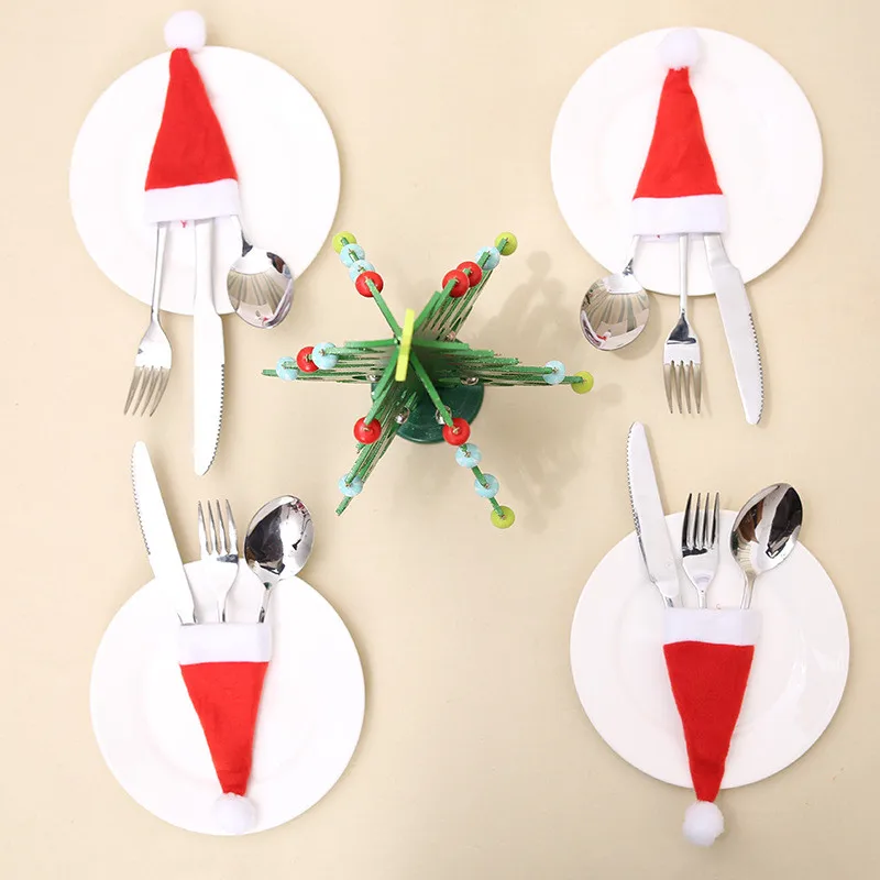 

10PCS Christmas Caps Fork Spoon Holder Bag Xmas Decor Knife Fork Set Cover ChristmasTree Ornaments Desktop Table Decoration