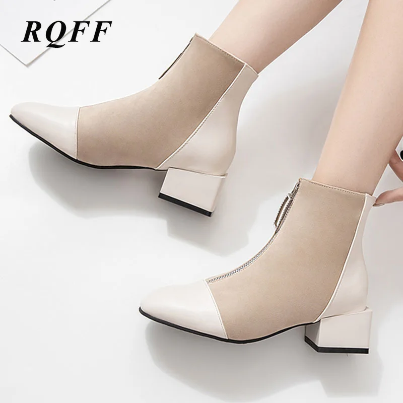 

2020 New Ankle Boots for Women Autumn Plus Size 44 45 46 Square Med Heels Fashion Front-Zip Shoes Woman Mixed Colour Flock & PU