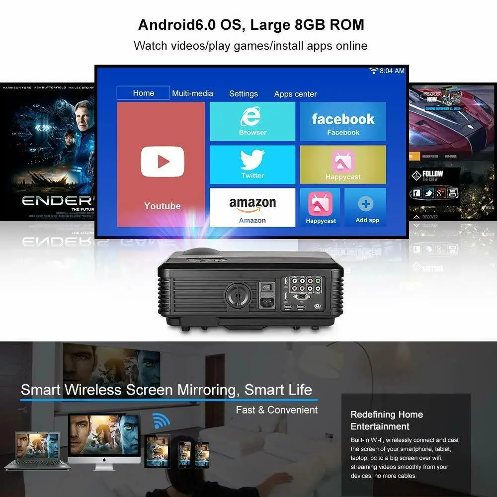 Caiwei A6AB Full HD 1080p 5000 люмен Android 6,0 WiFi светодиодный проектор для домашнего кинотеатра проекторы ЖК-проектор HDMI USB проектор