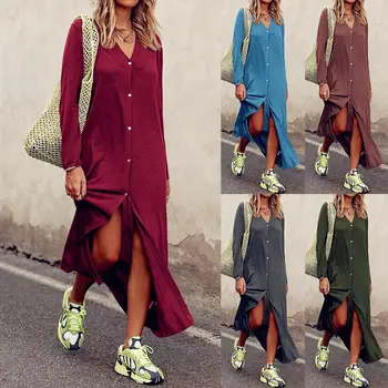 

2020 Women Casual Loose Long Sleeve Button Shirts Dress Spring Sexy Boho Bow Befree Maxi Dress Plus Sizes Dresses Robe Femme